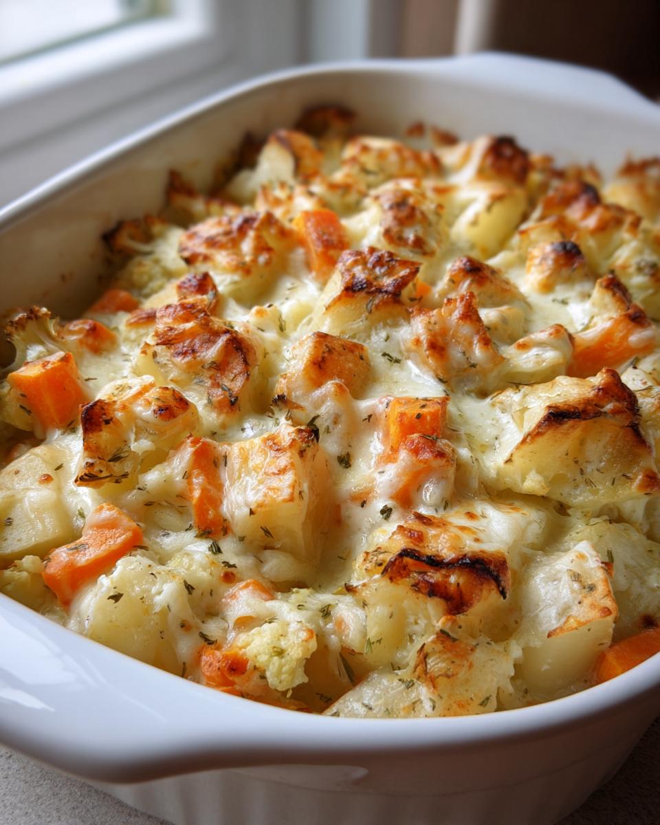 Nahaufnahme von Cremiges Kohlrabi-Möhren-Ofengemüse mit goldbraun gebackenem Käse in einer weißen Auflaufform.
