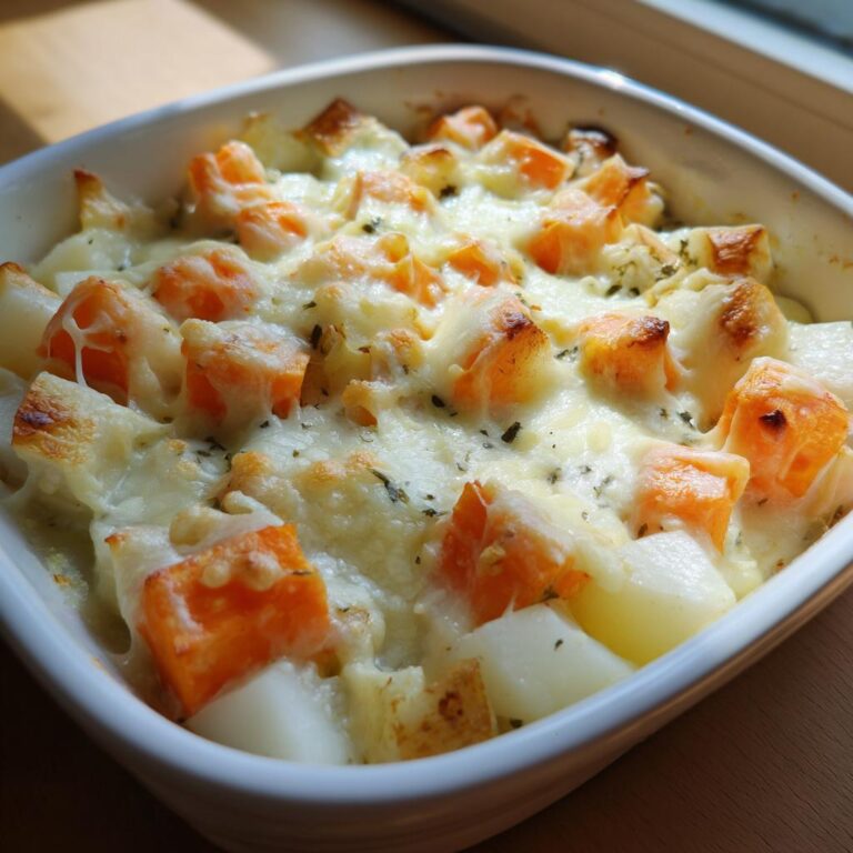 Nahaufnahme von Cremiges Kohlrabi-Möhren-Ofengemüse mit geschmolzenem Käse und Kräutern in einer weißen Auflaufform.