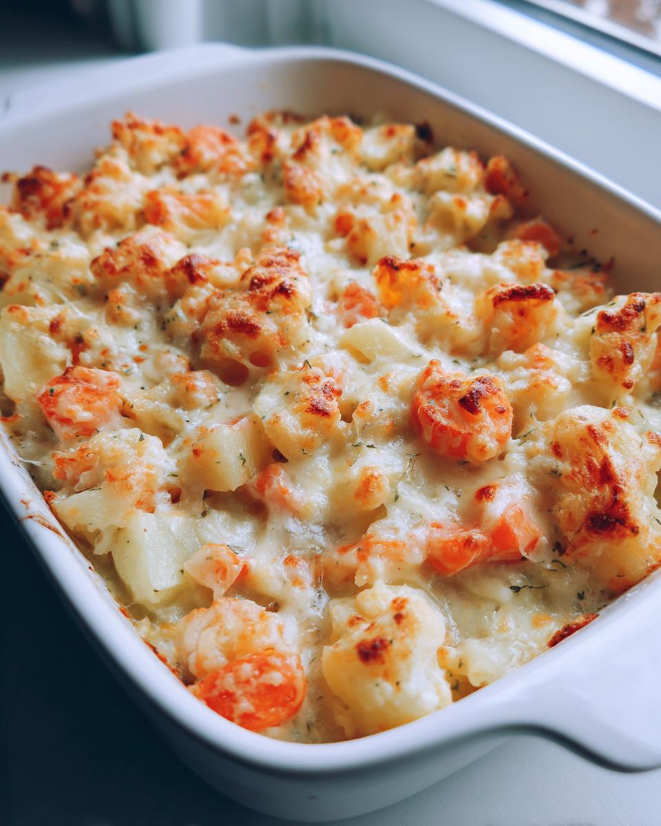 Nahaufnahme von Cremiges Kohlrabi-Möhren-Ofengemüse mit goldbraun gebackenem Käse in einer weißen Auflaufform.