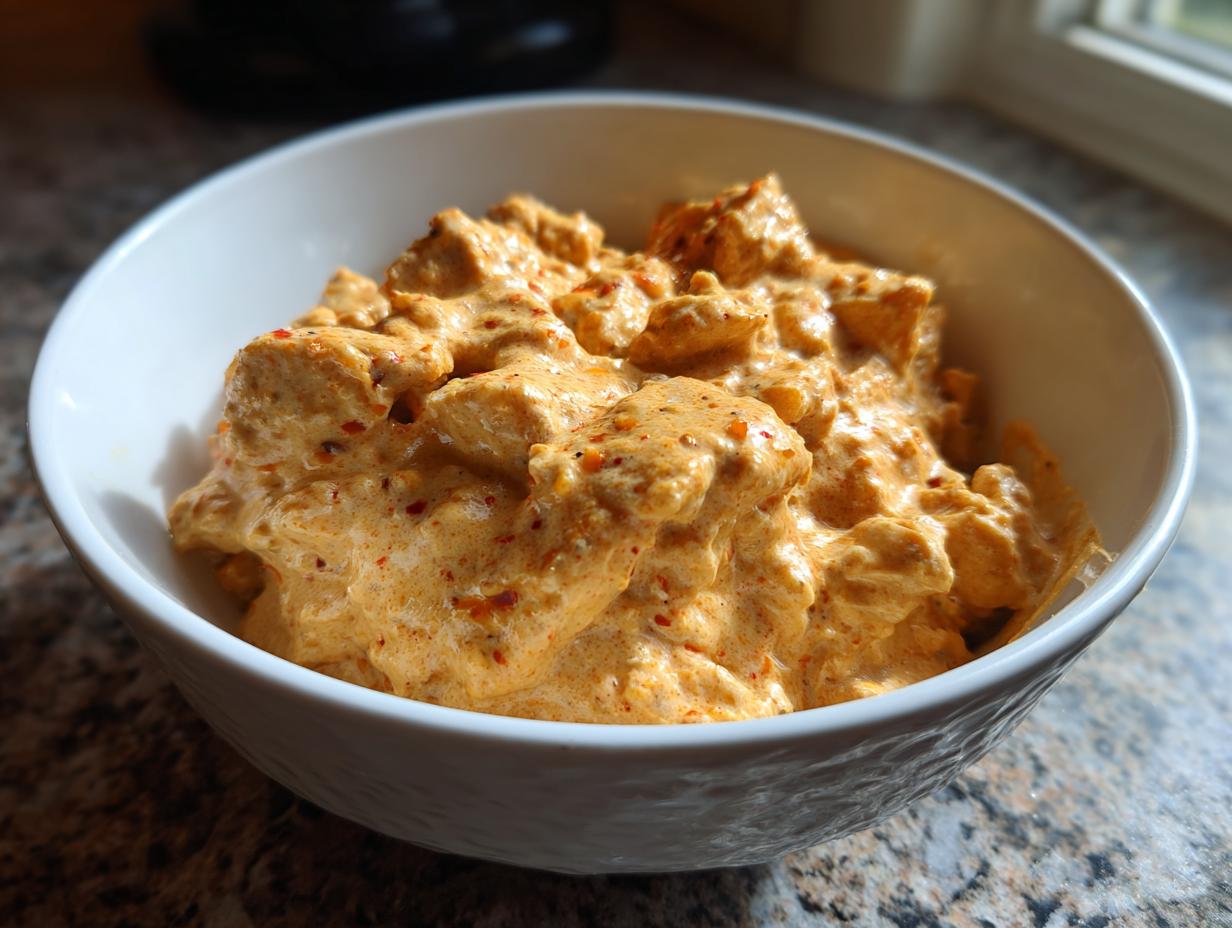 Nahaufnahme von Cremiges Putengulasch in einer weißen Schüssel, bedeckt mit einer cremigen, würzigen Sauce.