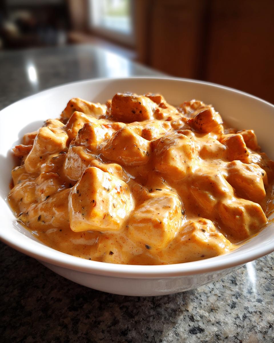 Nahaufnahme von würfeligem Fleisch in einer reichhaltigen, cremigen Sauce, das fertige Cremiges Putengulasch.