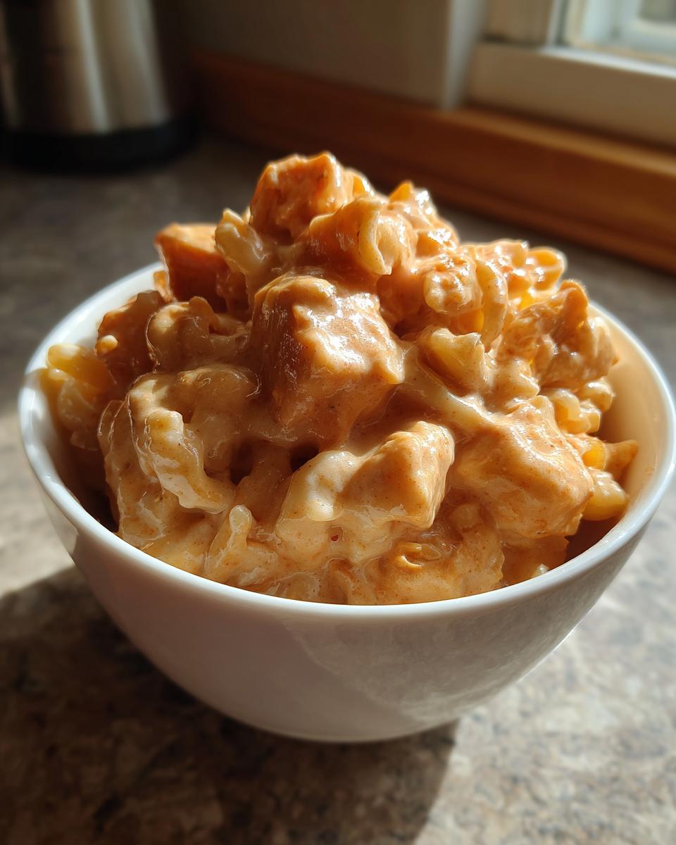 Nahaufnahme von Cremiges Putengulasch mit kurzen Nudeln in einer weißen Schüssel.