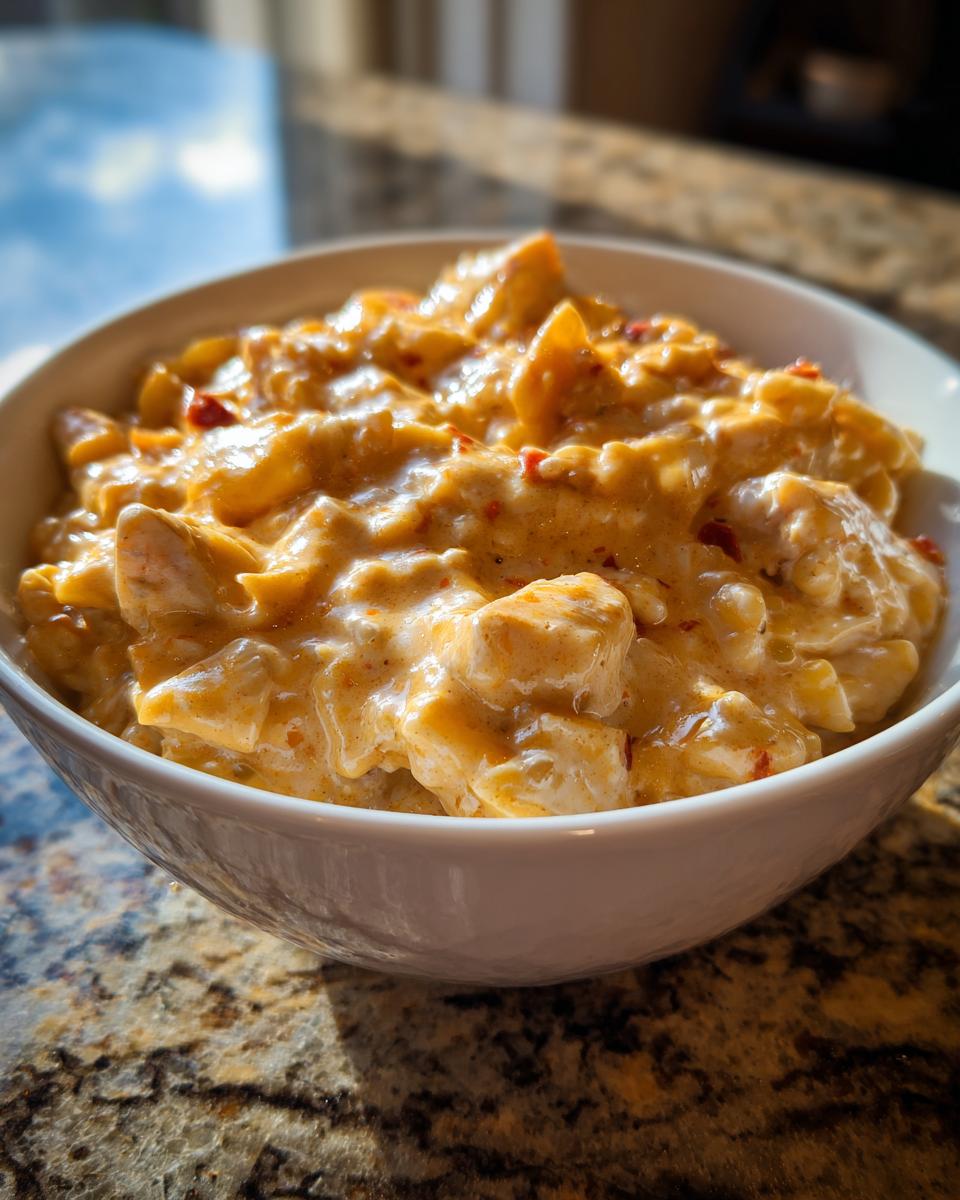 Nahaufnahme von Cremiges Putengulasch mit cremiger Soße und kleinen roten Gewürzstücken in einer weißen Schüssel.