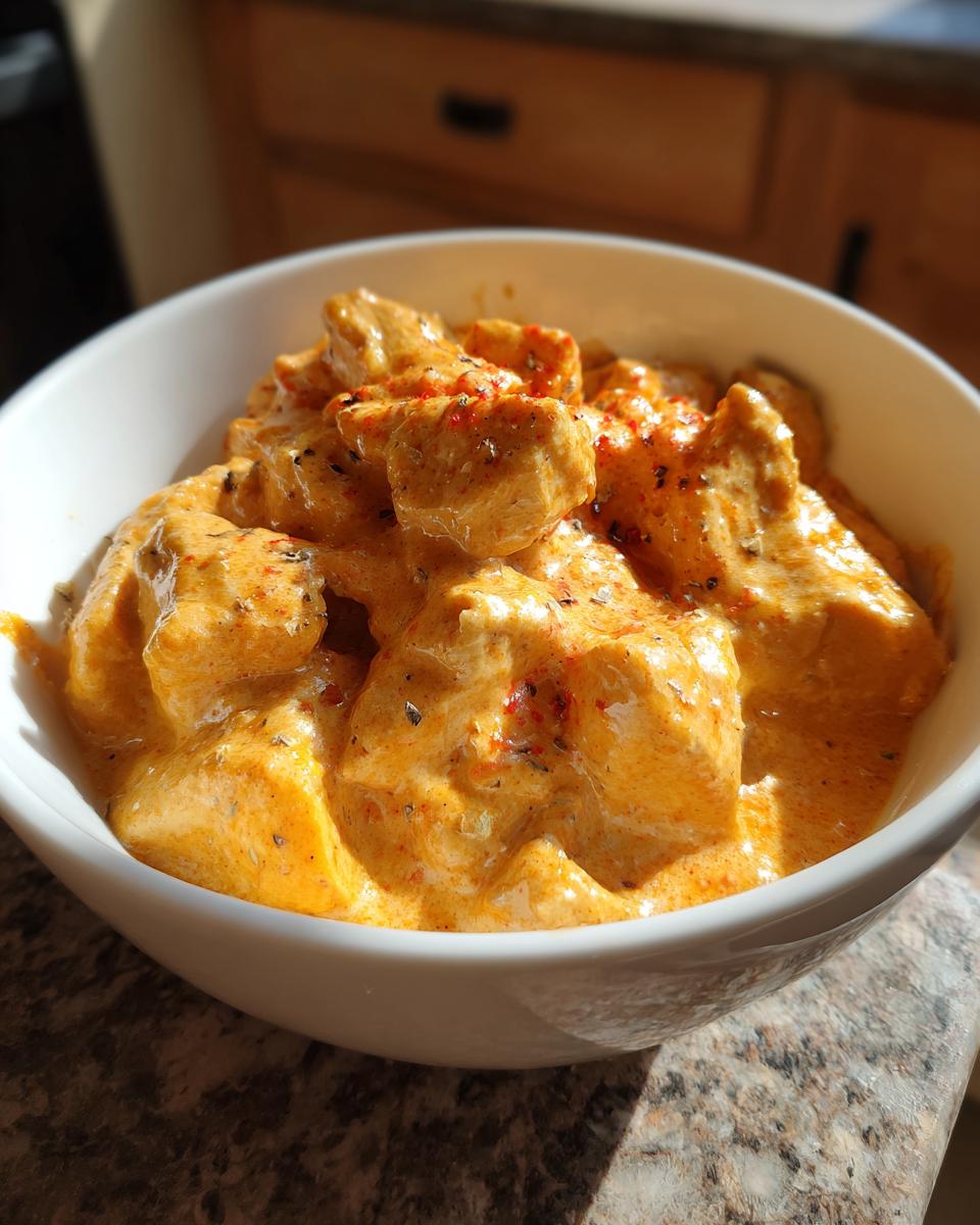 Nahaufnahme von Cremiges Putengulasch mit viel cremiger Sauce und Gewürzen in einer weißen Schüssel.