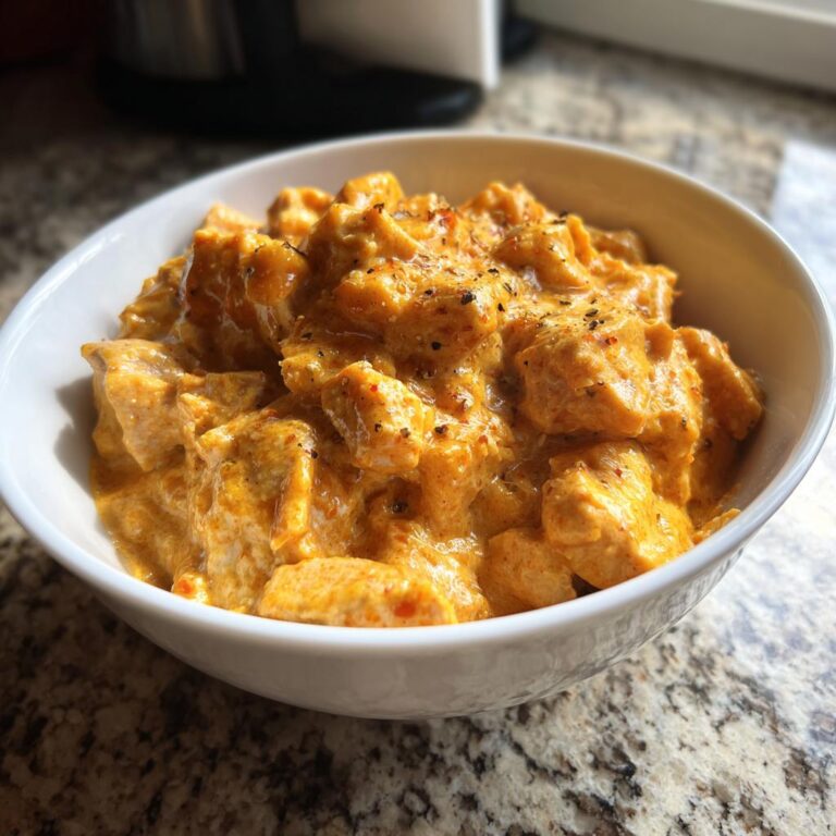 Nahaufnahme von Cremiges Putengulasch mit cremiger, orangefarbener Sauce, bestreut mit schwarzem Pfeffer in einer weißen Schüssel.