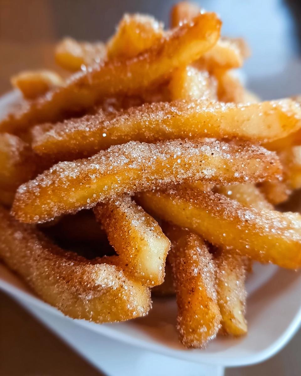 Nahaufnahme von knusprigen Apfel-Pommes, dick bestreut mit Zimt-Zucker aus der Heißluftfritteuse.
