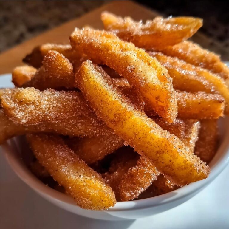 Nahaufnahme von knusprigen Apfel-Pommes, bedeckt mit Zimt-Zucker-Mischung, in einer weißen Schale.