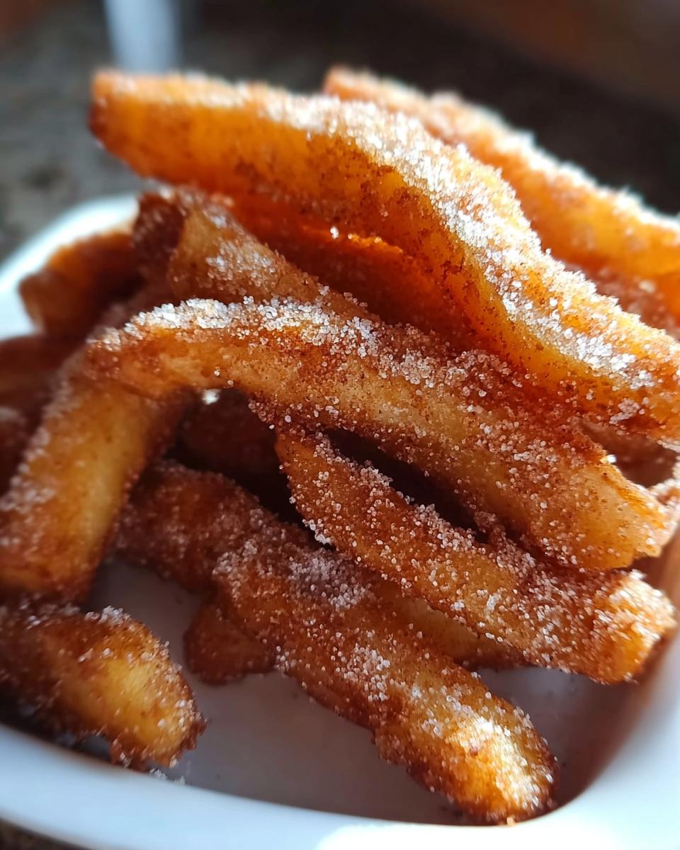 Nahaufnahme von knusprigen Apfel-Pommes, großzügig mit Zimt und Zucker bestreut.