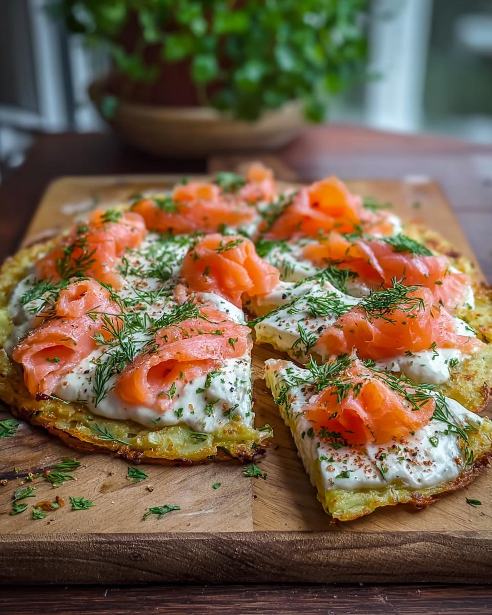 Eine aufgeschnittene Einfache Kartoffelpizza mit geräuchertem Lachs, cremiger Soße und viel frischem Dill auf einem Holzbrett.