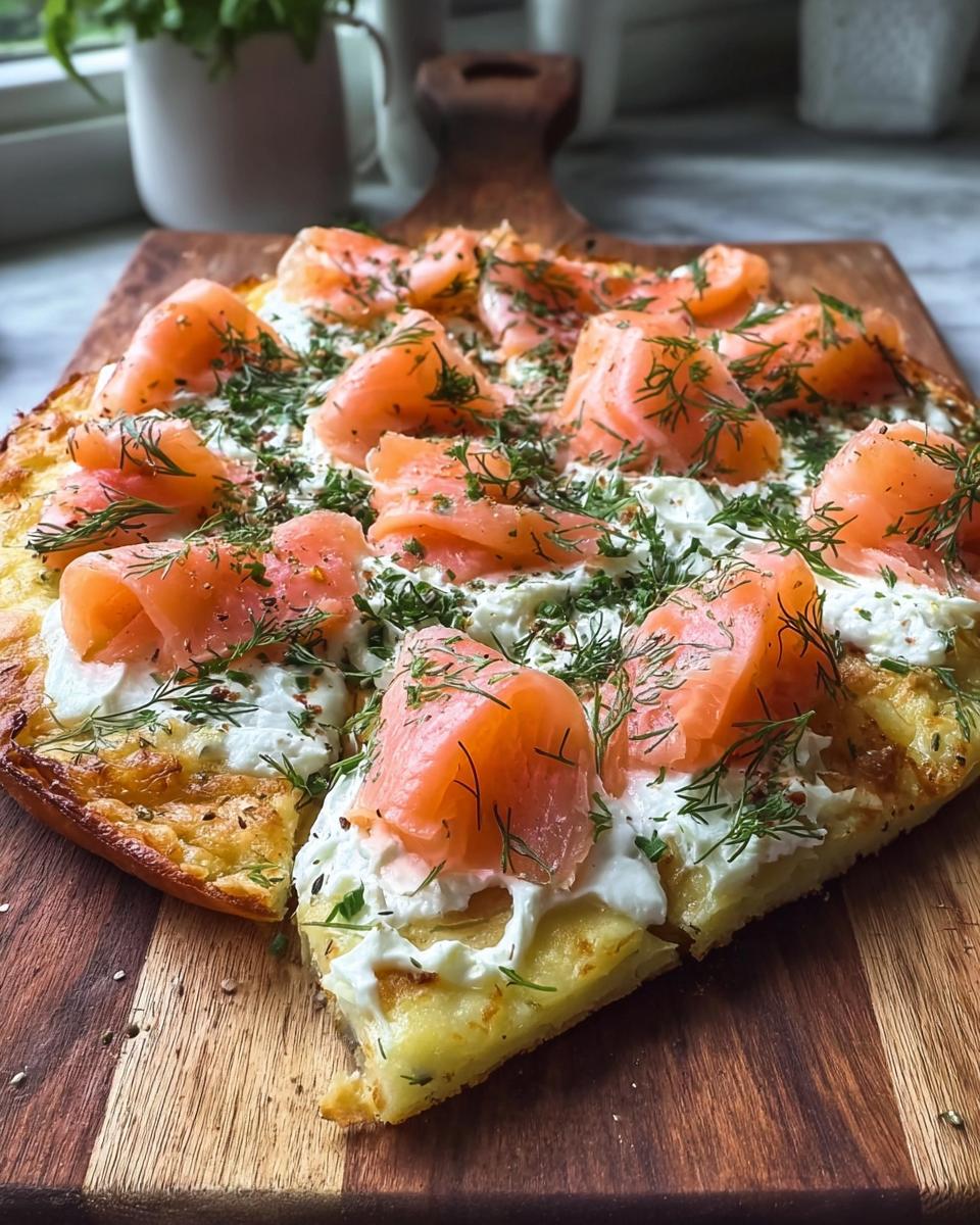 Ein Stück Einfache Kartoffelpizza mit geräuchertem Lachs, Frischkäse und viel frischem Dill auf einem Holzbrett.