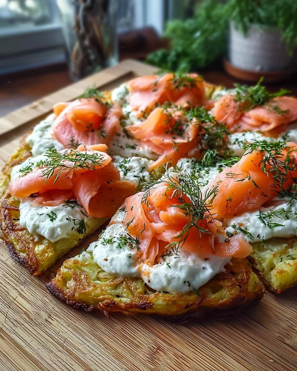Anschnitt einer Einfache Kartoffelpizza mit geräuchertem Lachs, Frischkäse und viel Dill auf einem Holzbrett.