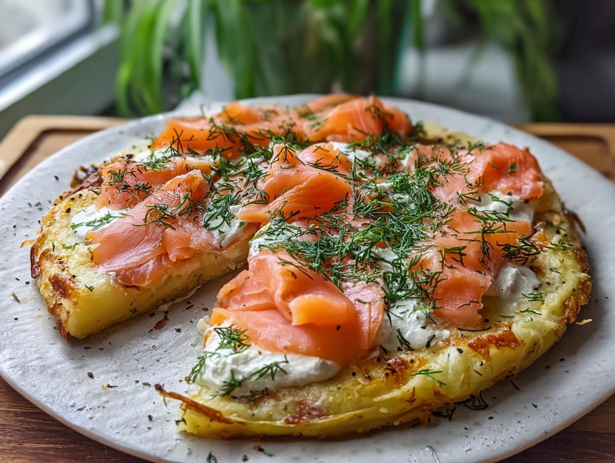 Eine Scheibe Einfache Kartoffelpizza mit geräuchertem Lachs, Frischkäse und viel frischem Dill auf einem hellen Teller.