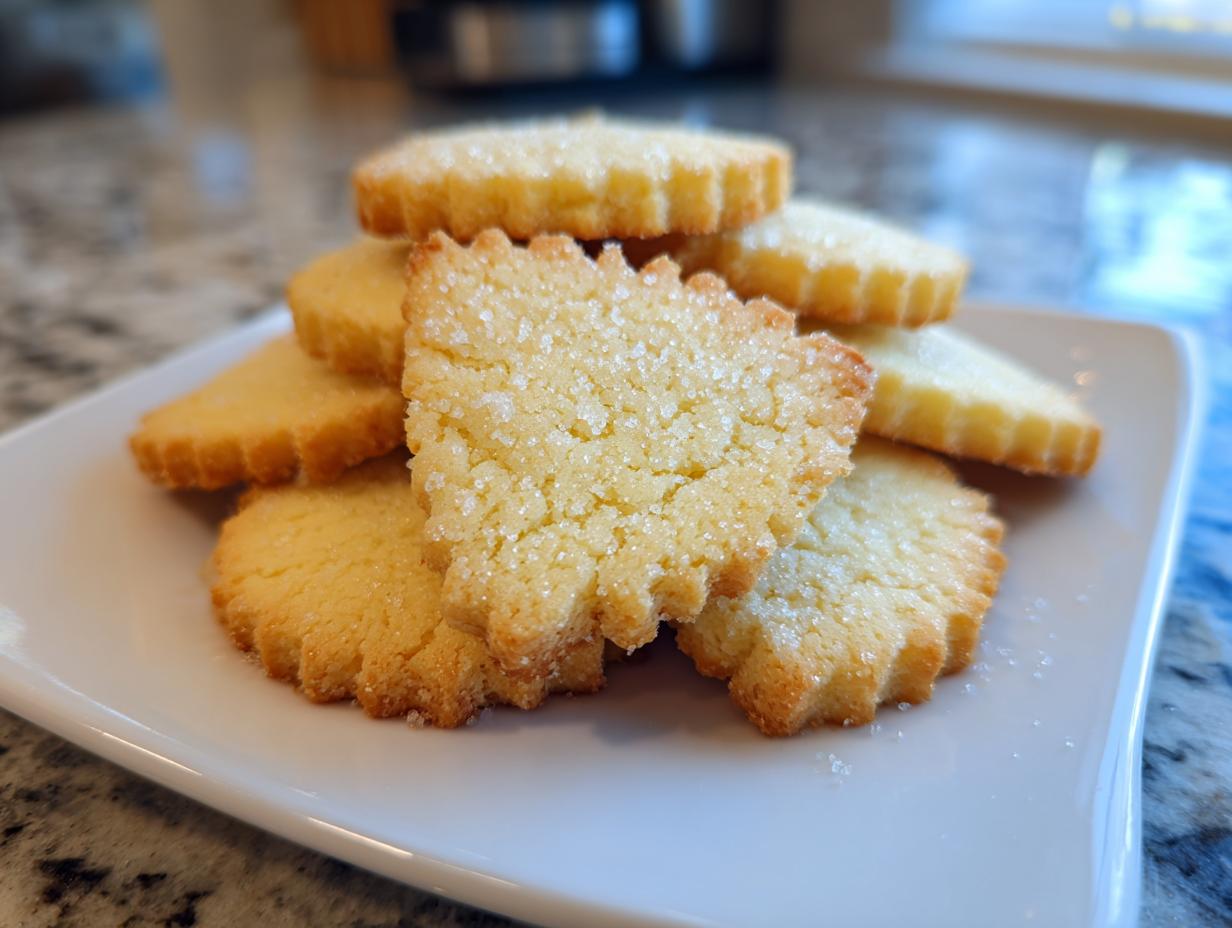 Nahaufnahme von gestapelten einfachen Vanillekeksen, bestreut mit Kristallzucker, auf einem weißen Teller.