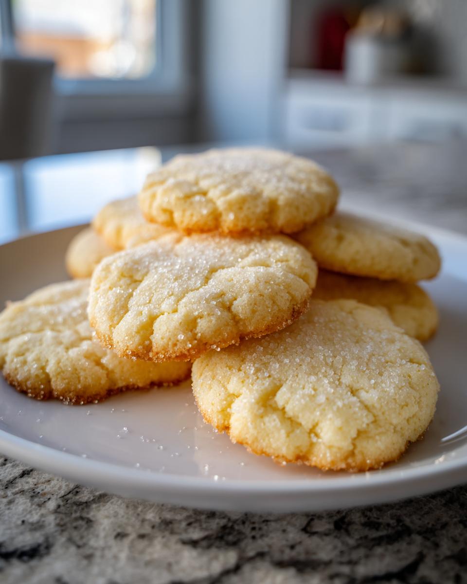 Ein Stapel goldbrauner Einfache Vanillekekse, bestreut mit grobem Zucker, auf einem weißen Teller.