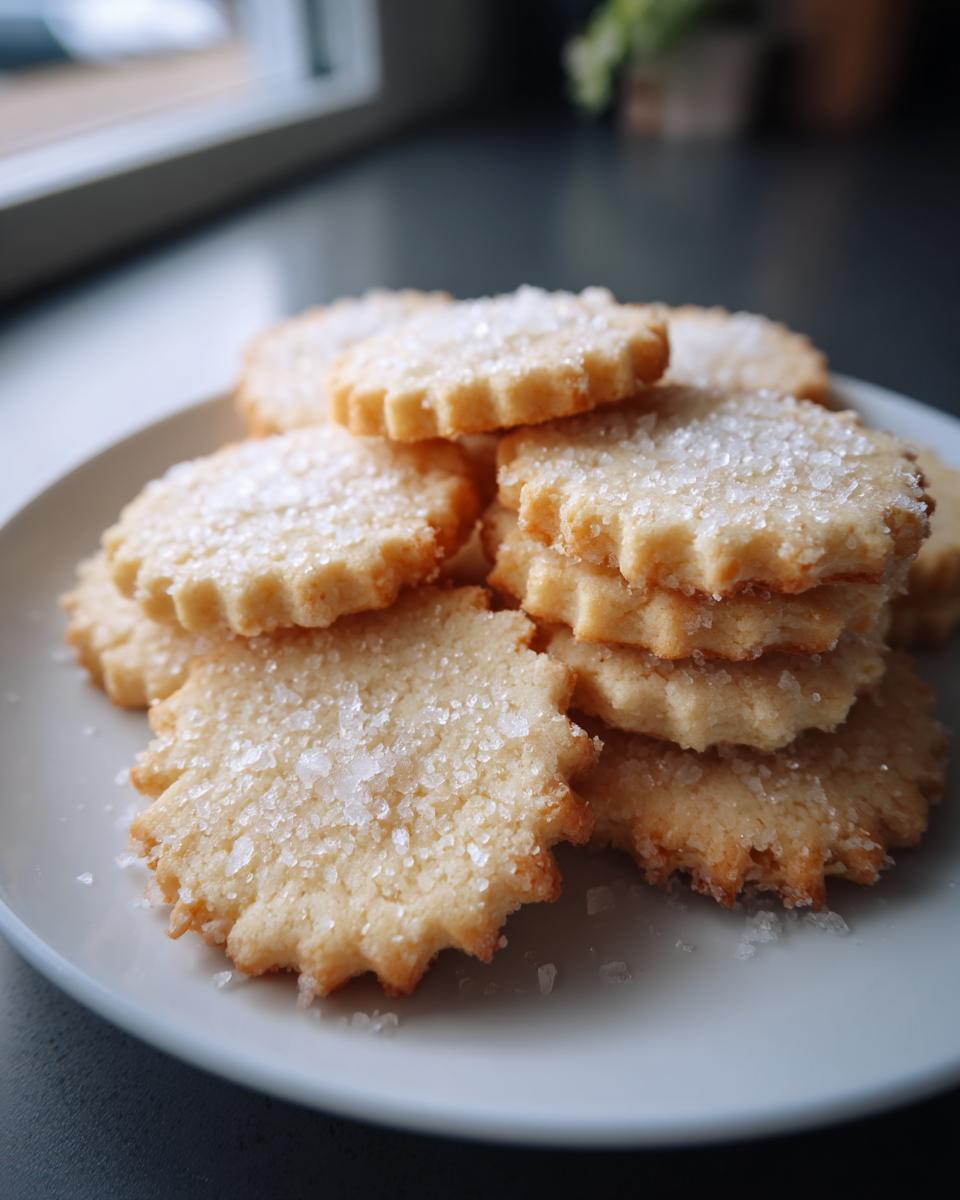 Stapel von goldbraunen Einfache Vanillekekse mit gezackten Rändern, bestreut mit grobem Zucker.
