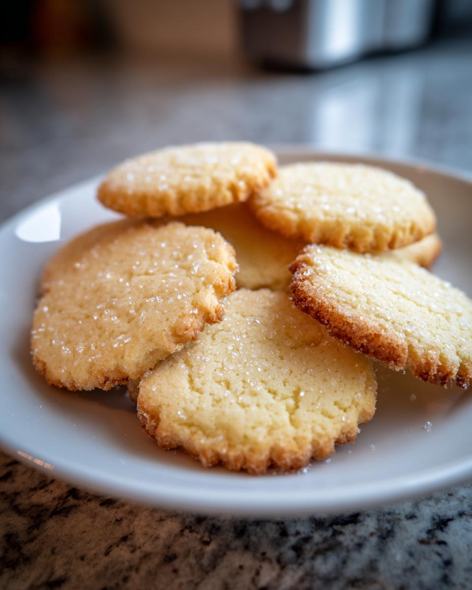 Nahaufnahme von mehreren goldbraunen Einfache Vanillekekse, bestreut mit Kristallzucker, auf einem weißen Teller.