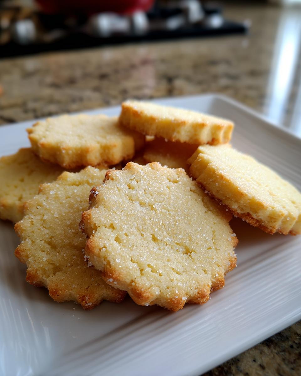Nahaufnahme von gestapelten, gezuckerten Einfache Vanillekekse auf einem weißen Teller.