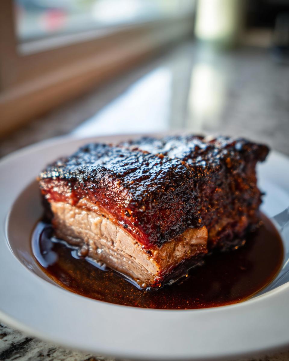 Ein saftiges Stück Räuberbraten mit dunkler Kruste, serviert in dunkler Soße auf einem weißen Teller.