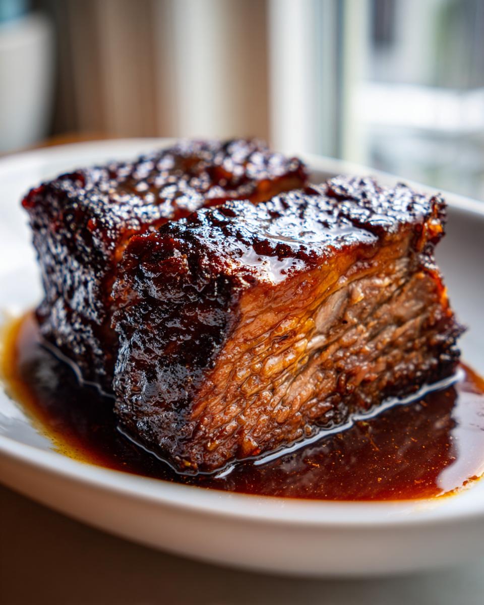 Nahaufnahme von einem Stück saftigem Räuberbraten mit dunkler, glänzender Kruste in dunkler Soße.