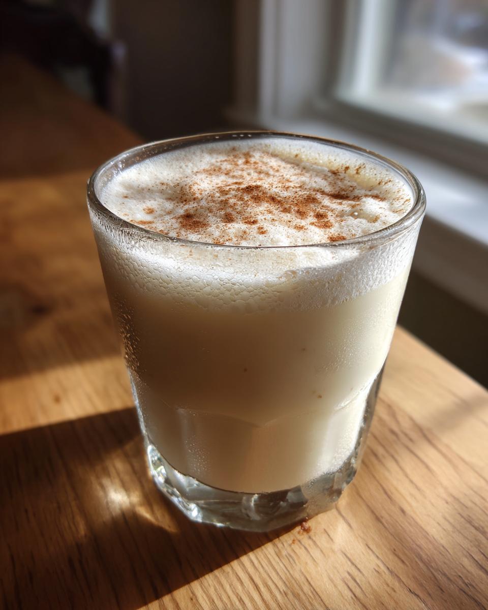 Ein kühles Glas selbstgemachter Engelchen-Likör, bedeckt mit cremigem Schaum und Zimt.