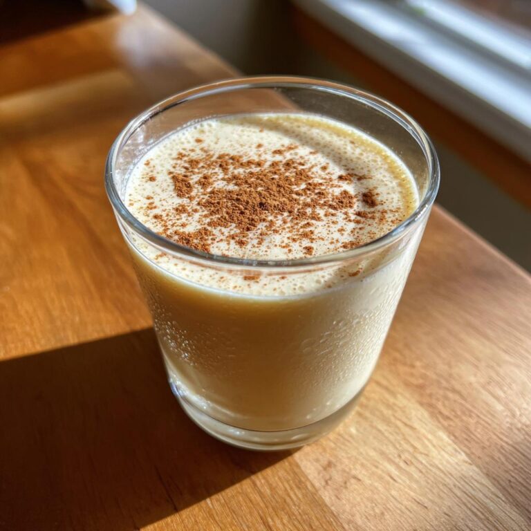 Ein Glas cremiger Engelchen-Likör, garniert mit Zimt, steht im Sonnenlicht auf einem Holztisch.