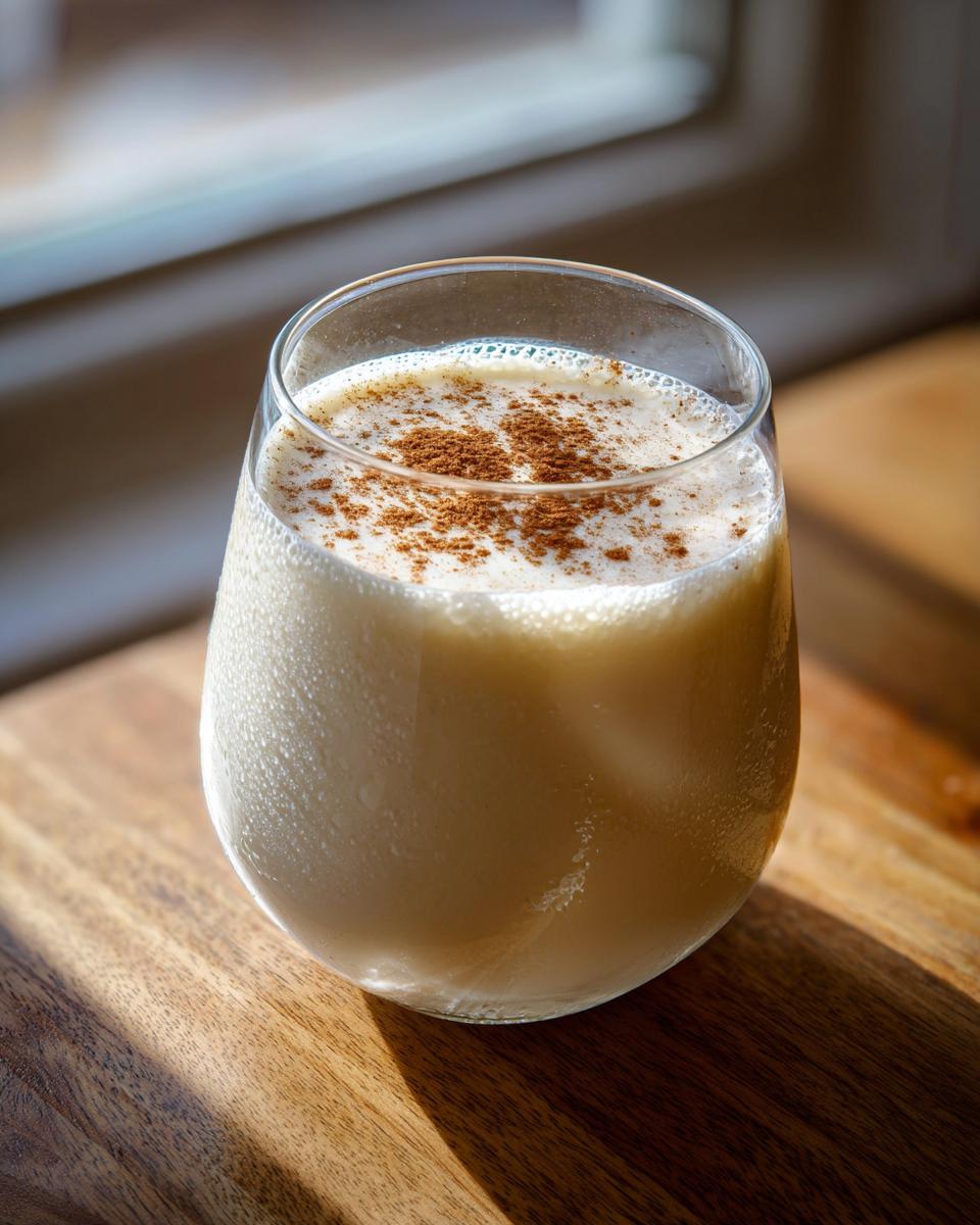 Ein kühles Glas Engelchen-Likör, bestäubt mit Zimt, steht auf einem Holztisch im Sonnenlicht.
