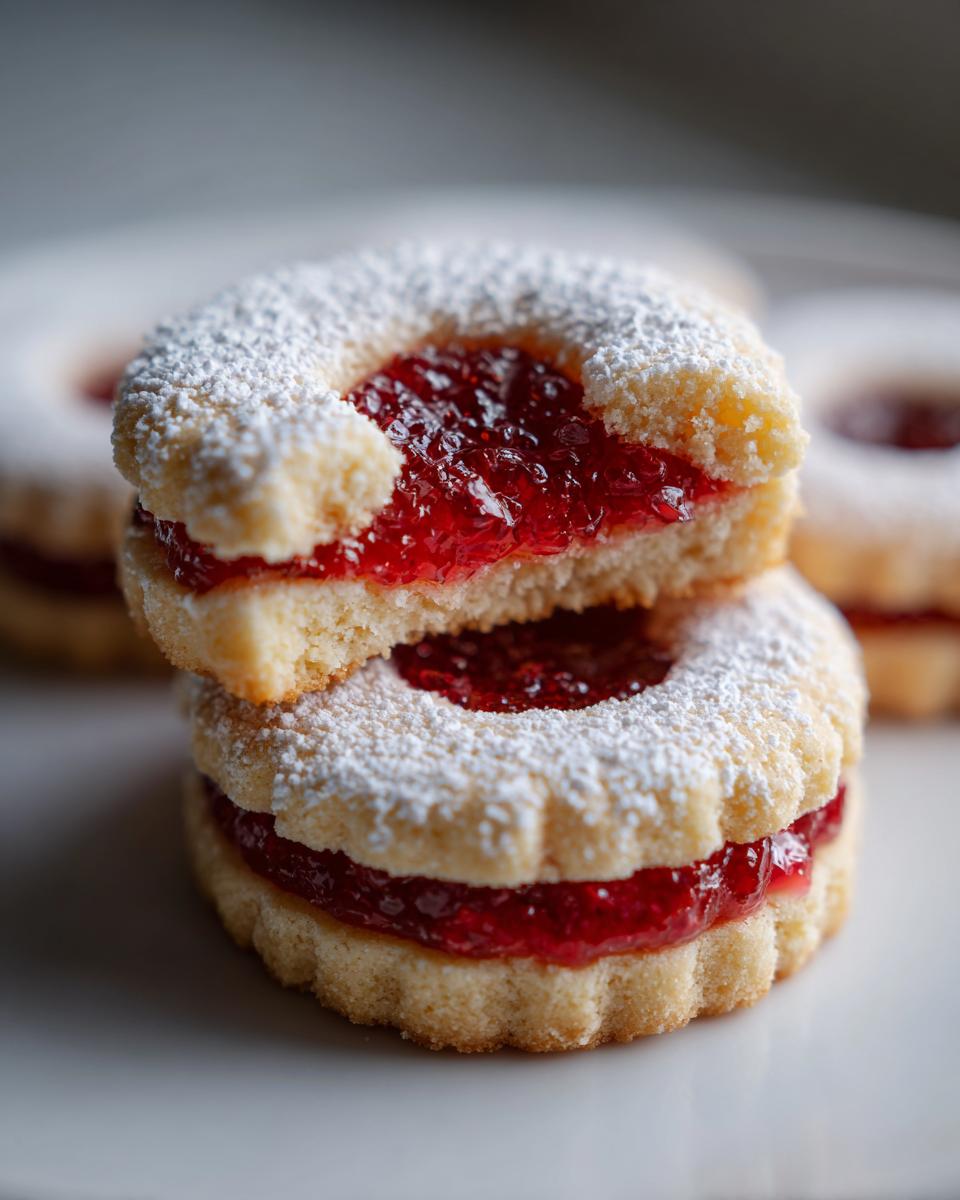 Nahaufnahme von zwei gestapelten Engelsaugen Plätzchen, gefüllt mit leuchtend roter Marmelade und bestäubt mit Puderzucker.