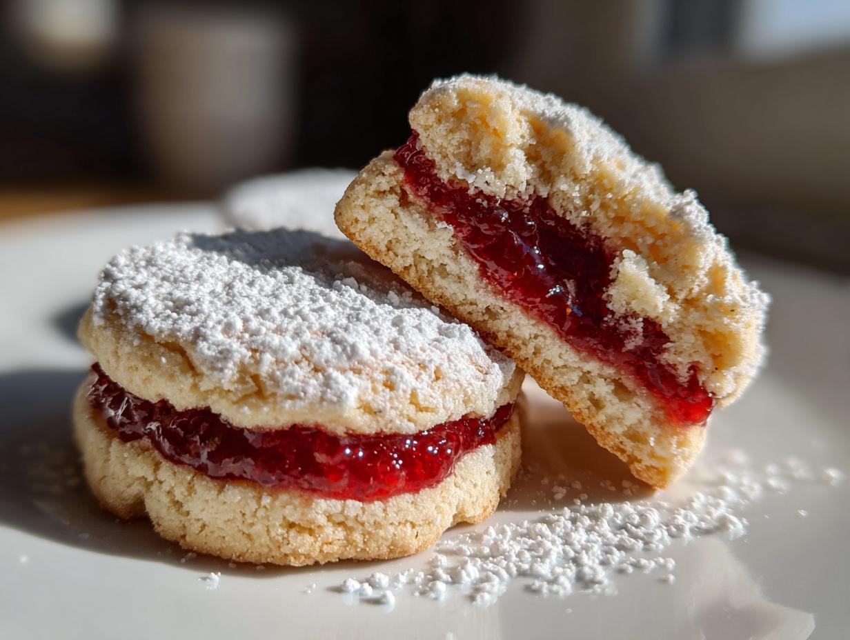 Zwei leckere Engelsaugen Kekse, einer davon halbiert, gefüllt mit roter Marmelade und bestäubt mit Puderzucker.
