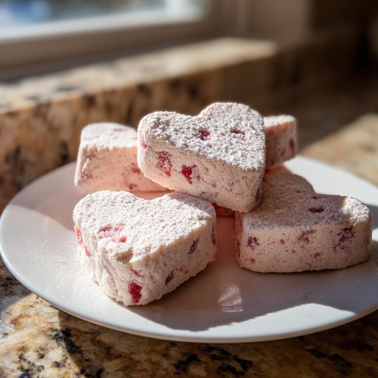 Stapel von herzförmigen Erdbeer Keksherzen, bestäubt mit Puderzucker, auf einem weißen Teller.