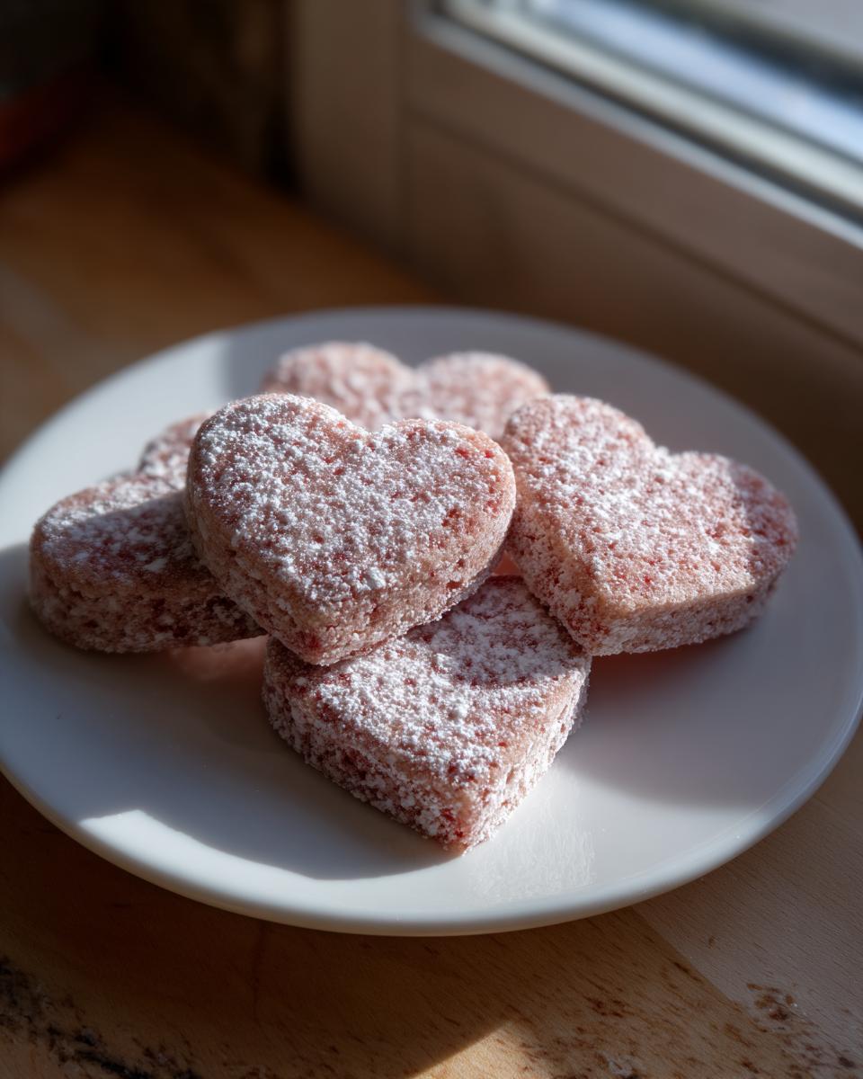 Herzförmige Erdbeer Keksherzen, bestäubt mit Puderzucker, auf einem weißen Teller.