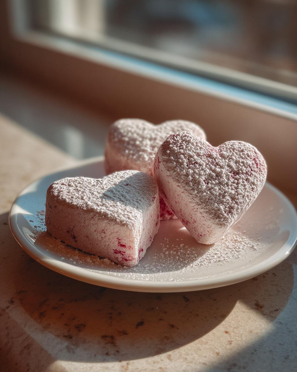 Drei herzförmige Erdbeer Keksherzen, dick mit Puderzucker bestäubt, auf einem weißen Teller.