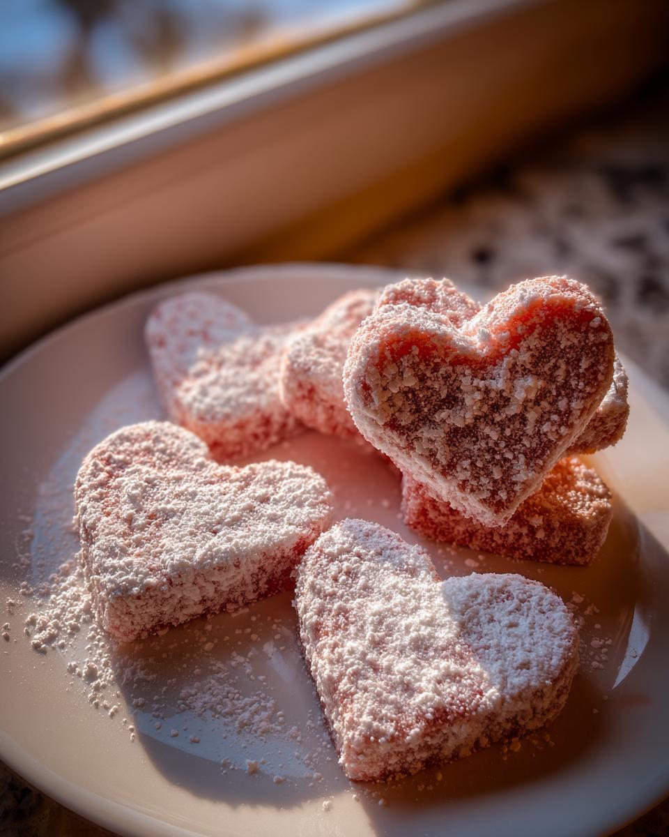 Mehrere rosa Erdbeer Keksherzen, großzügig mit Puderzucker bestäubt, auf einem weißen Teller.