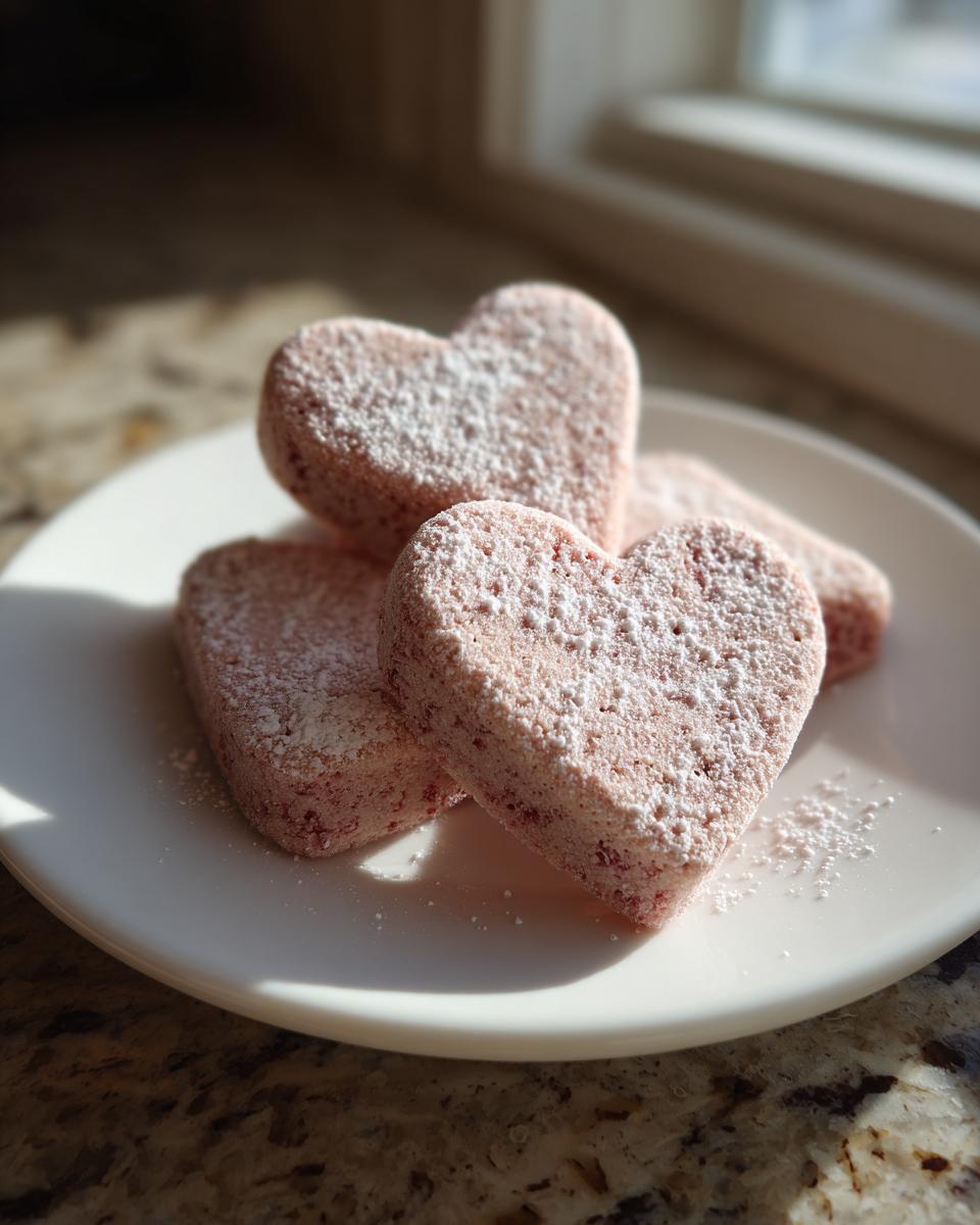 Mehrere rosa, herzförmige Erdbeer Keksherzen, bestäubt mit Puderzucker, auf einem weißen Teller.