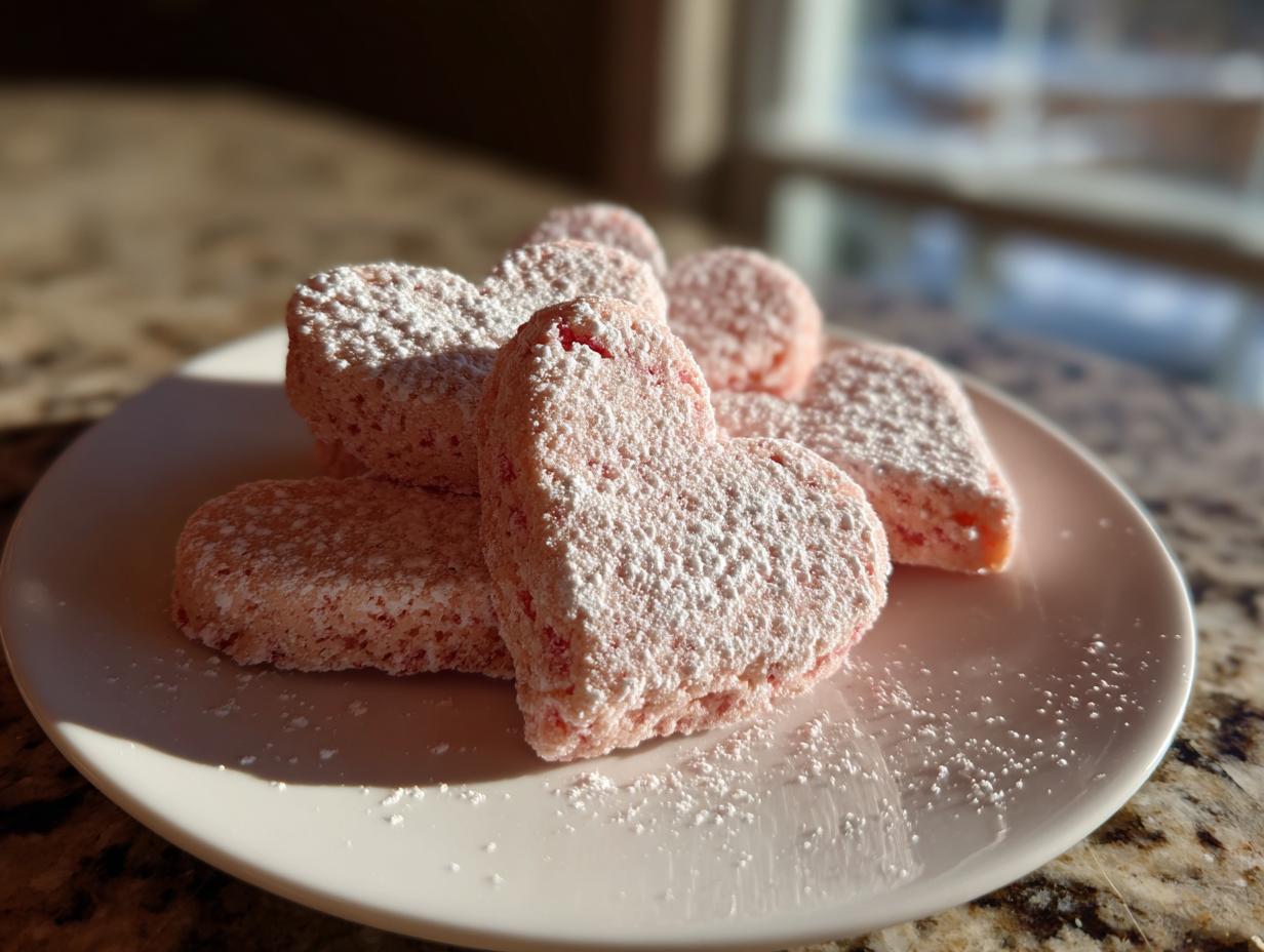 Ein Teller mit mehreren rosa, herzförmigen Erdbeer Keksherzen, bestäubt mit Puderzucker.