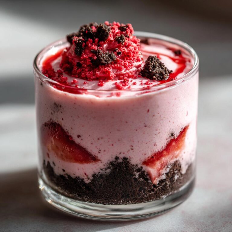 Nahaufnahme eines Erdbeer-Mascarpone-Mousse mit Yogurette in einem Glas, mit Keksboden und Topping.