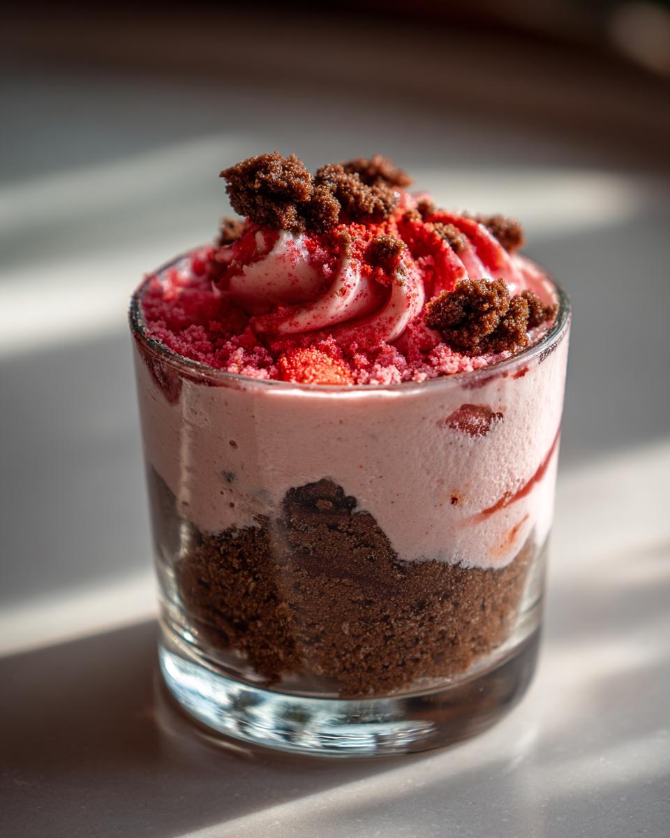 Nahaufnahme eines Erdbeer-Mascarpone-Mousse mit Yogurette in einem Glas, geschichtet mit dunklem Keksboden und Topping.