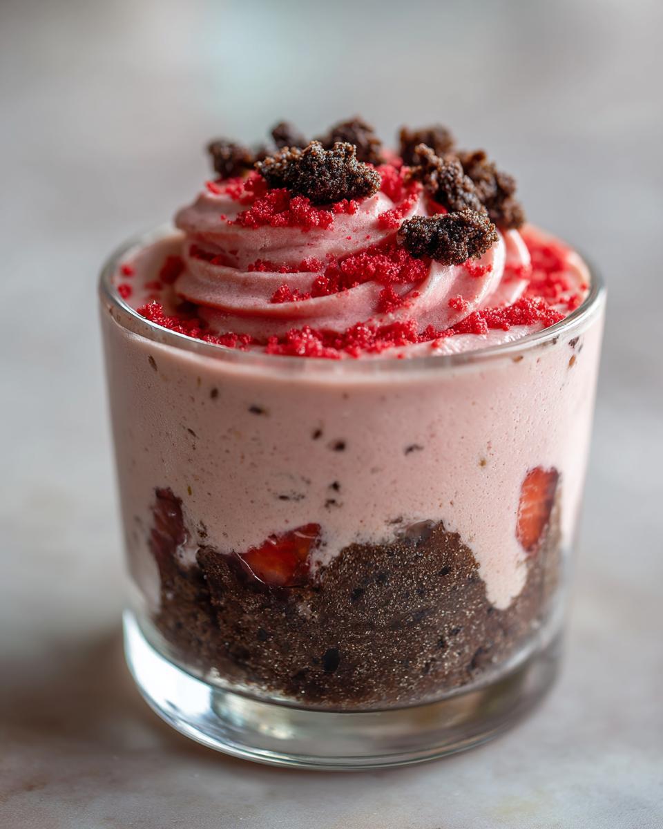 Nahaufnahme eines Erdbeer-Mascarpone-Mousse mit Yogurette in einem Glas, garniert mit dunklen Krümeln.