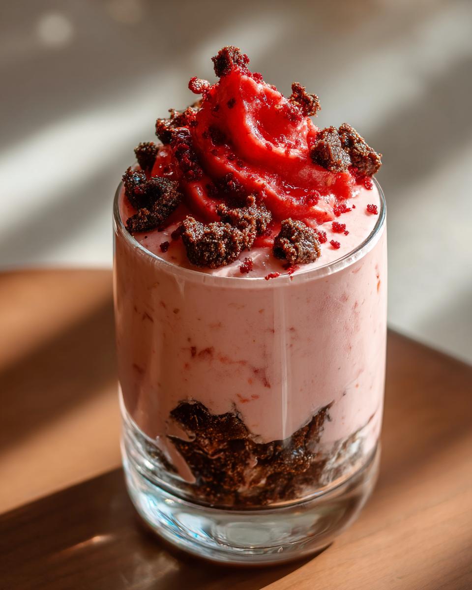 Nahaufnahme eines Erdbeer-Mascarpone-Mousse mit Yogurette, garniert mit Erdbeermark und Schokoladenstückchen im Glas.