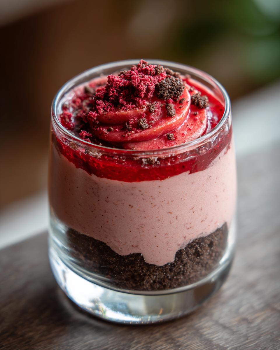 Nahaufnahme eines Erdbeer-Mascarpone-Mousse mit Yogurette in einem Glas mit Keksboden.