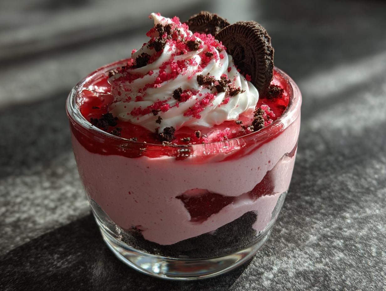 Ein Glas Erdbeer-Mascarpone-Mousse mit Yogurette, gekrönt mit Sahne und Schokoladenkeks-Stückchen.