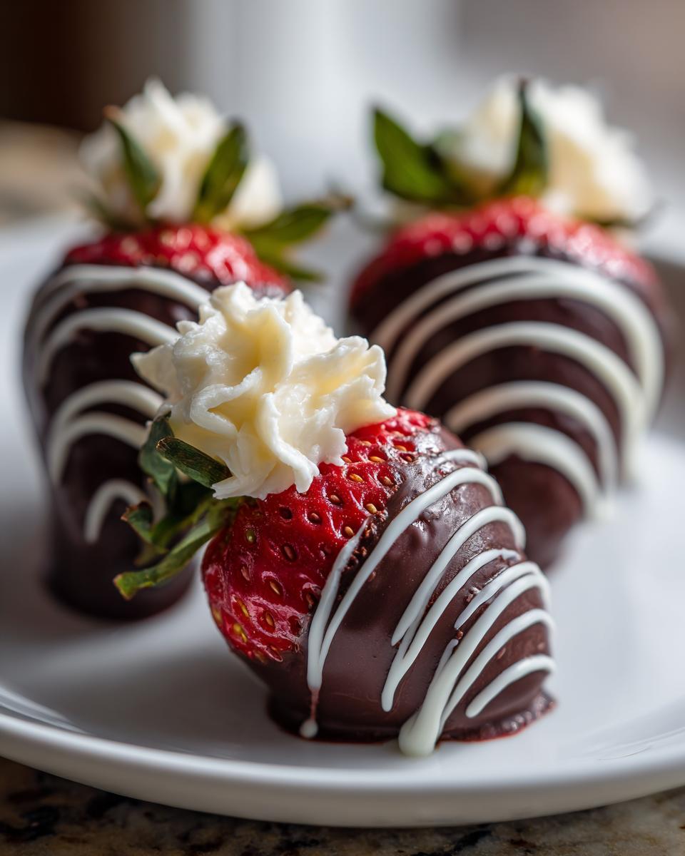 Drei dekorierte Erdbeer-Schoko-Küsse mit dunkler Schokolade, weißem Guss und Sahnetupfer auf einem weißen Teller.