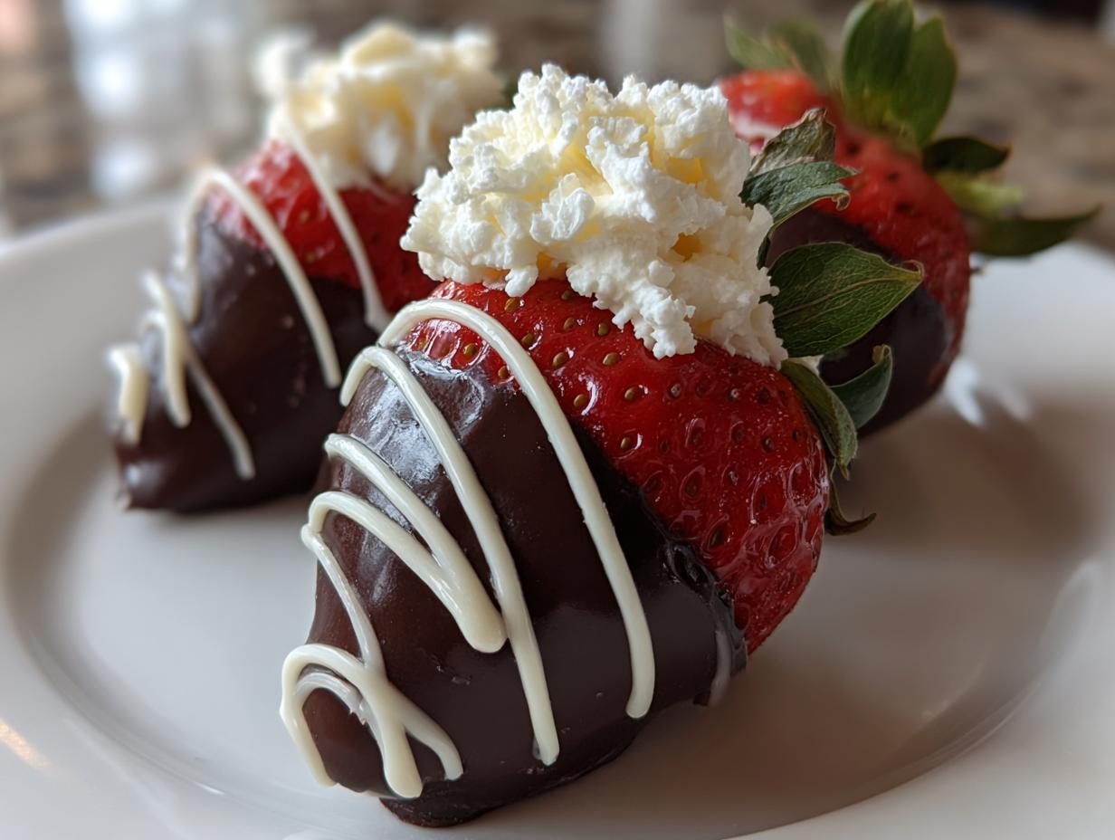 Nahaufnahme von drei dekorierten Erdbeer-Schoko-Küsse mit dunkler Schokolade, weißer Glasur und einem Klecks Schlagsahne.