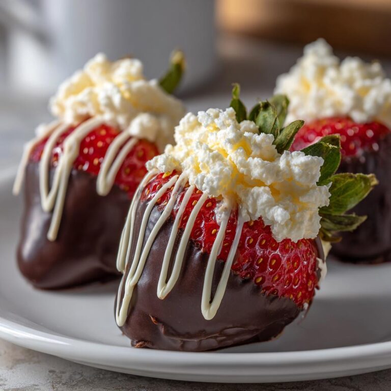 Drei fertige Erdbeer-Schoko-Küsse, in dunkle Schokolade getaucht, mit weißer Schokoladenglasur und einem Klecks Schlagsahne.