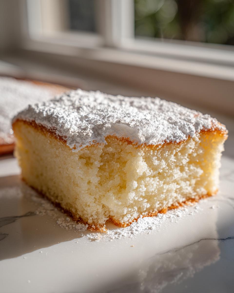 Nahaufnahme eines saftigen Stücks Fantakuchen vom Blech, bestäubt mit Puderzucker, auf einer hellen Marmoroberfläche.