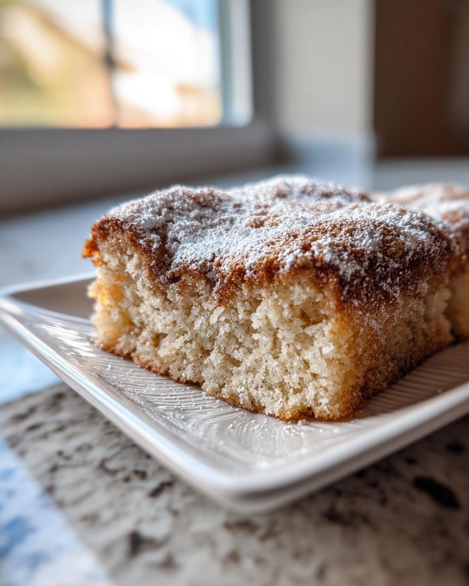 Nahaufnahme eines saftigen Stücks Fantakuchen vom Blech, bestäubt mit Puderzucker, auf einem weißen Teller.