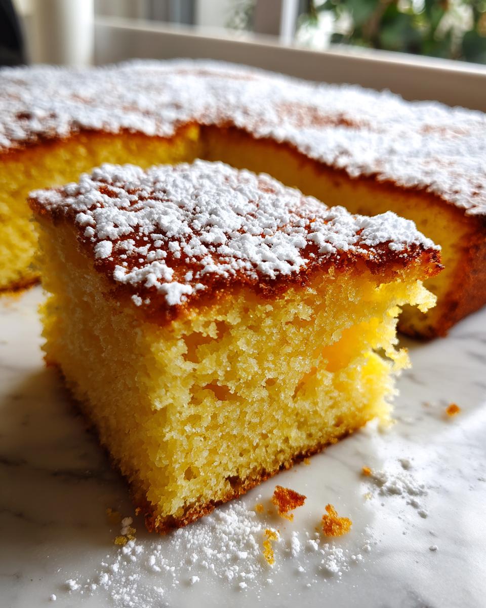 Nahaufnahme eines saftigen Stücks Fantakuchen vom Blech, bestäubt mit Puderzucker.