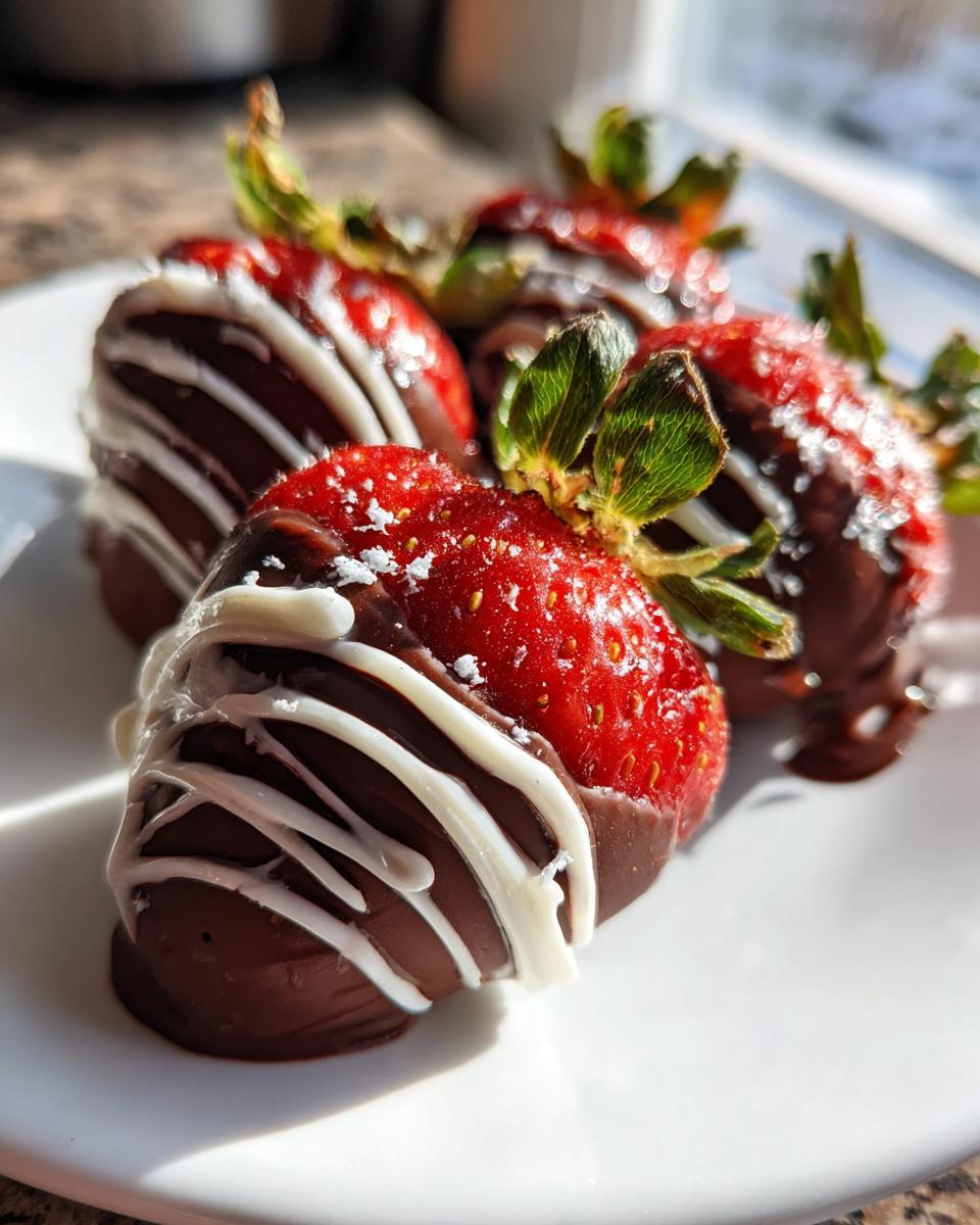 Nahaufnahme von frischen Erdbeer-Schoko-Küsse, überzogen mit dunkler Schokolade und weißen Streifen.