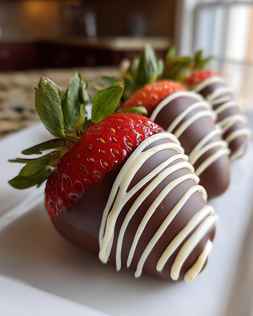 Nahaufnahme von Erdbeer-Schoko-Küsse, die in dunkle Schokolade getaucht und mit weißer Schokolade verziert sind.