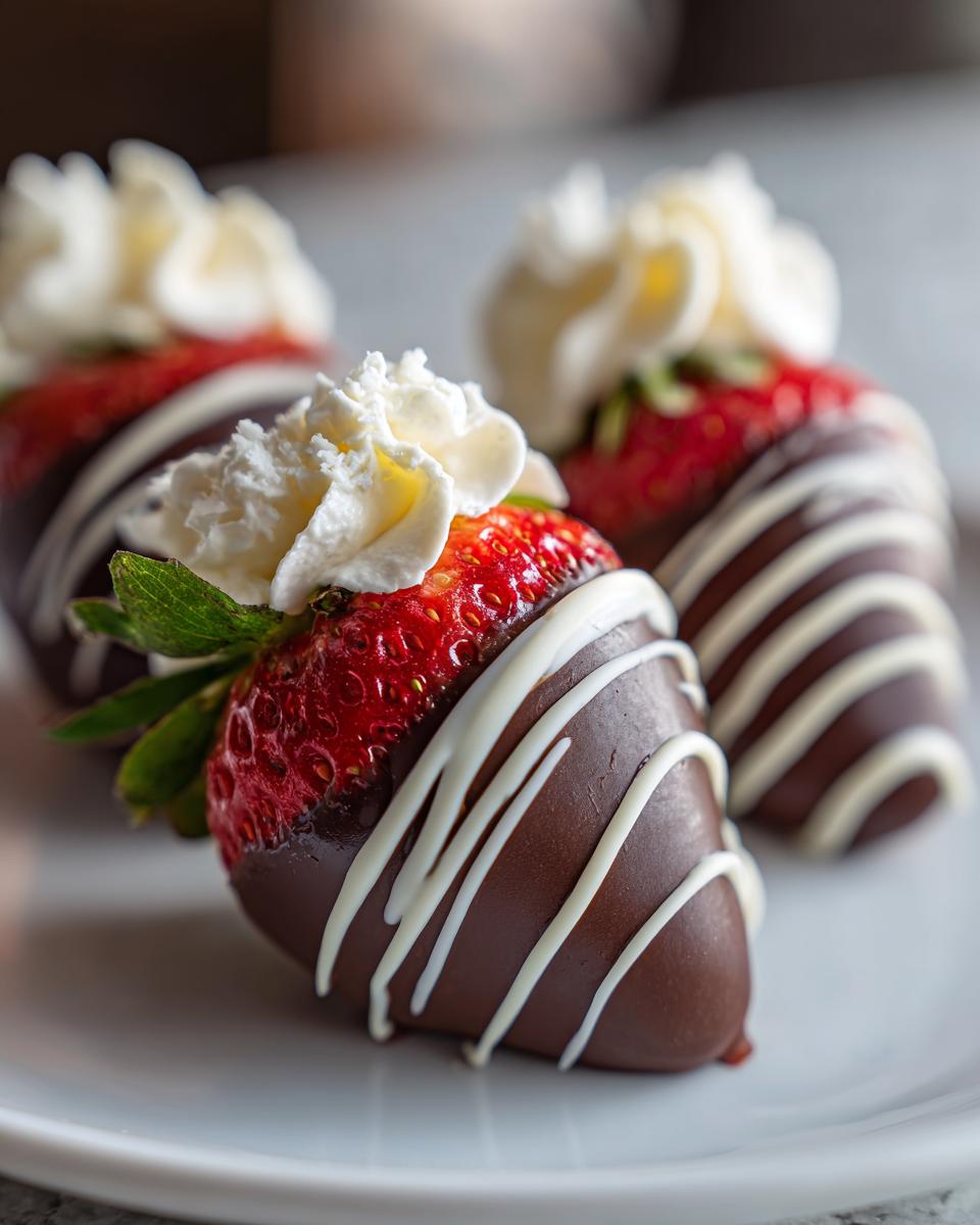 Drei Schokostreusel-überzogene Erdbeeren mit weißer Schokoglasur und Sahnetupfern – fertige Erdbeer-Schoko-Küsse.