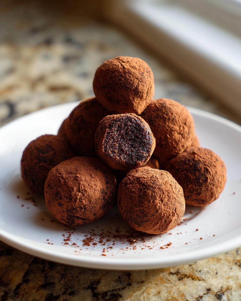 Ein Haufen fertiger Rumkugeln, dick mit Kakaopulver bestäubt, auf einem weißen Teller, ideal für das Rumkugeli Rezept.
